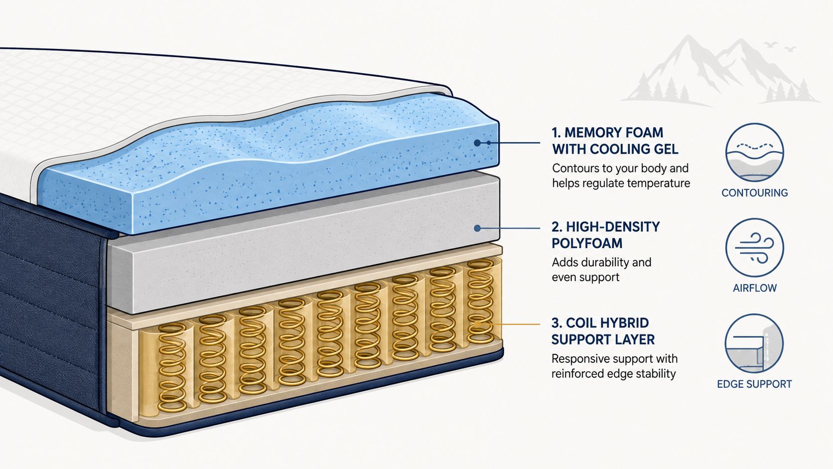 A cross-section diagram of a hybrid mattress showing three distinct layers: memory foam, polyfoam, and coil springs.