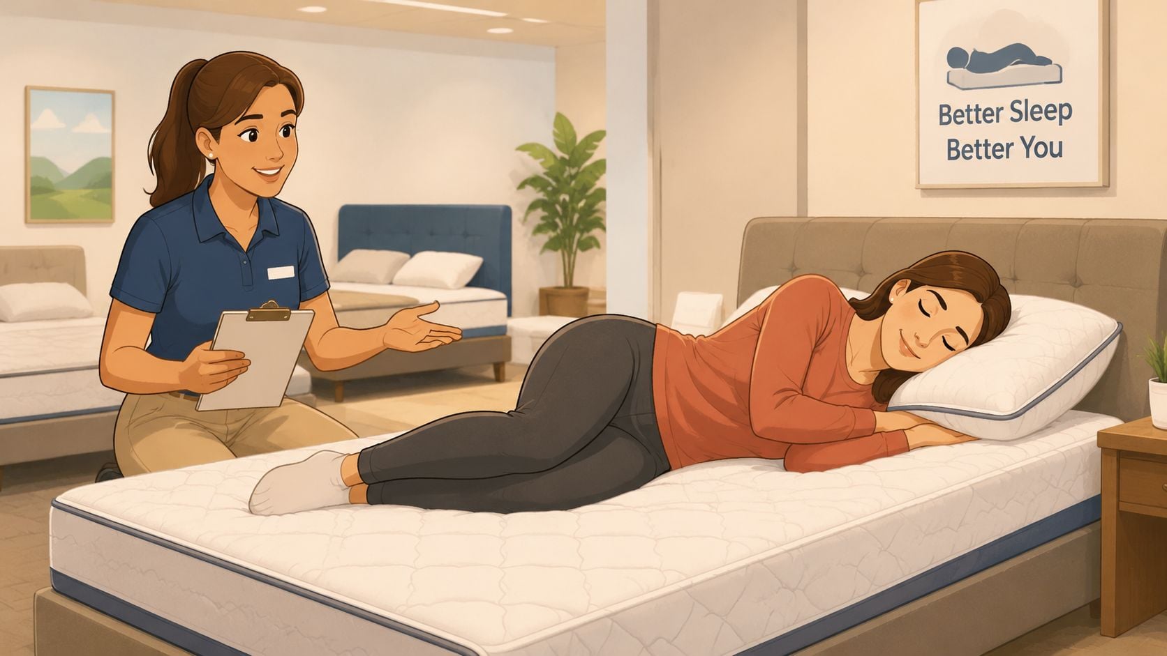 A store associate assisting a customer testing a mattress in a bedding showroom for optimal comfort.