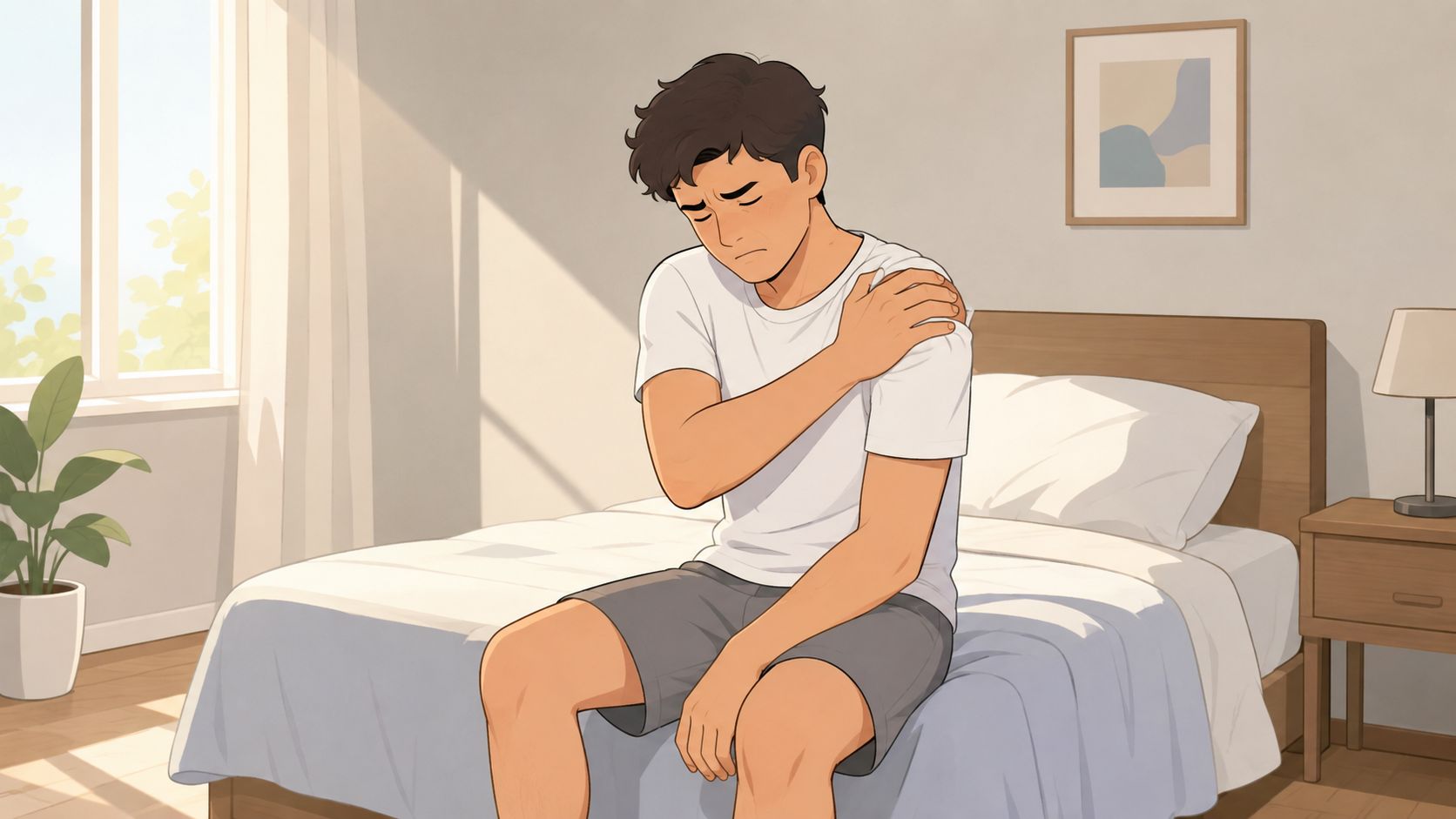 A young man sitting on the edge of his bed looking uncomfortable while clutching his painful shoulder.