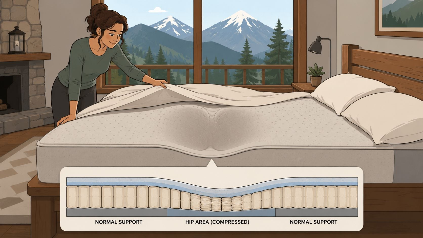 A cross-section illustration showing the structural compression of a mattress in the hip area for support.