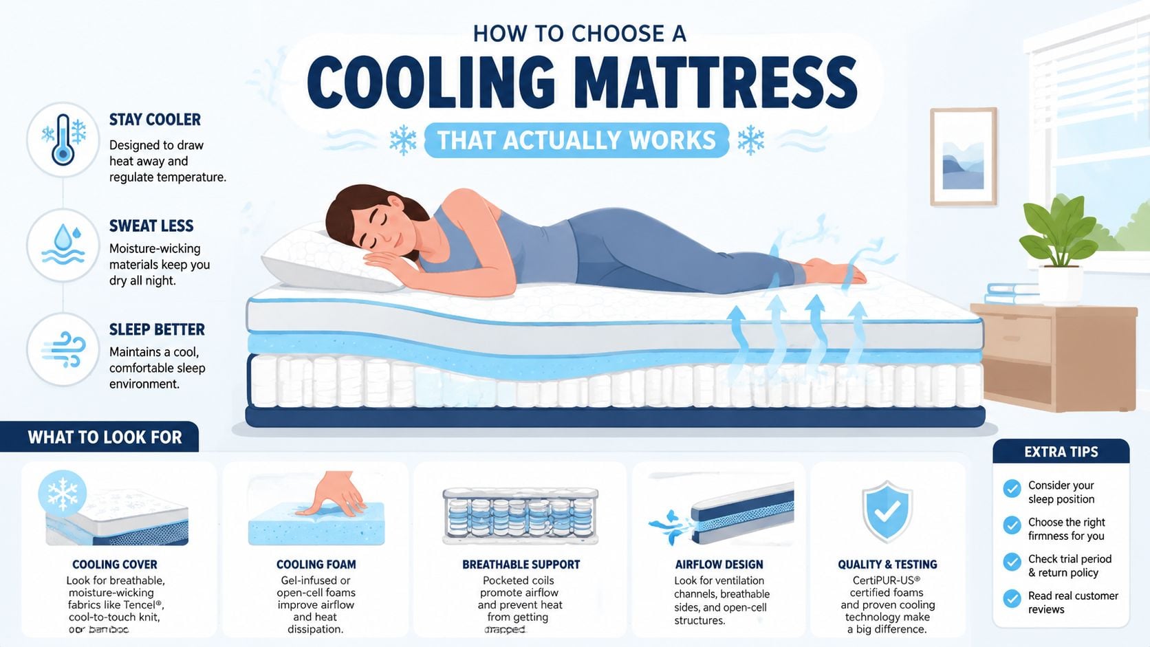 An infographic showing key features of a cooling mattress to help people sleep better at night.