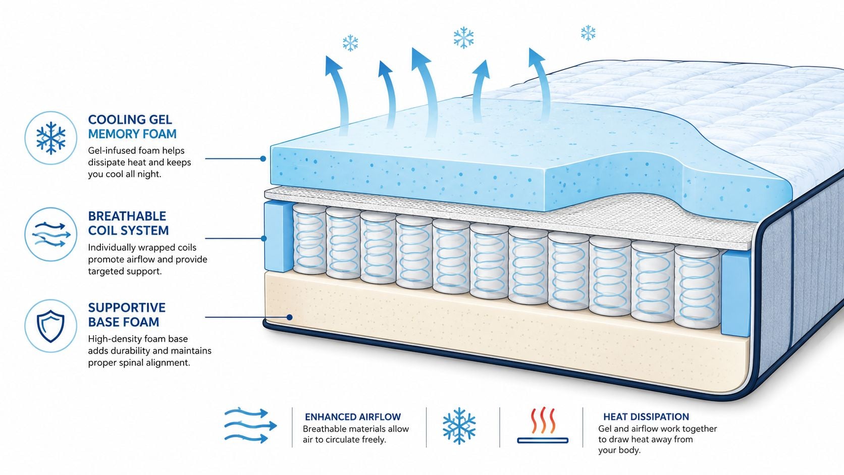 A cross-section diagram of a hybrid mattress showing cooling gel foam, pocketed coils, and base support layers.