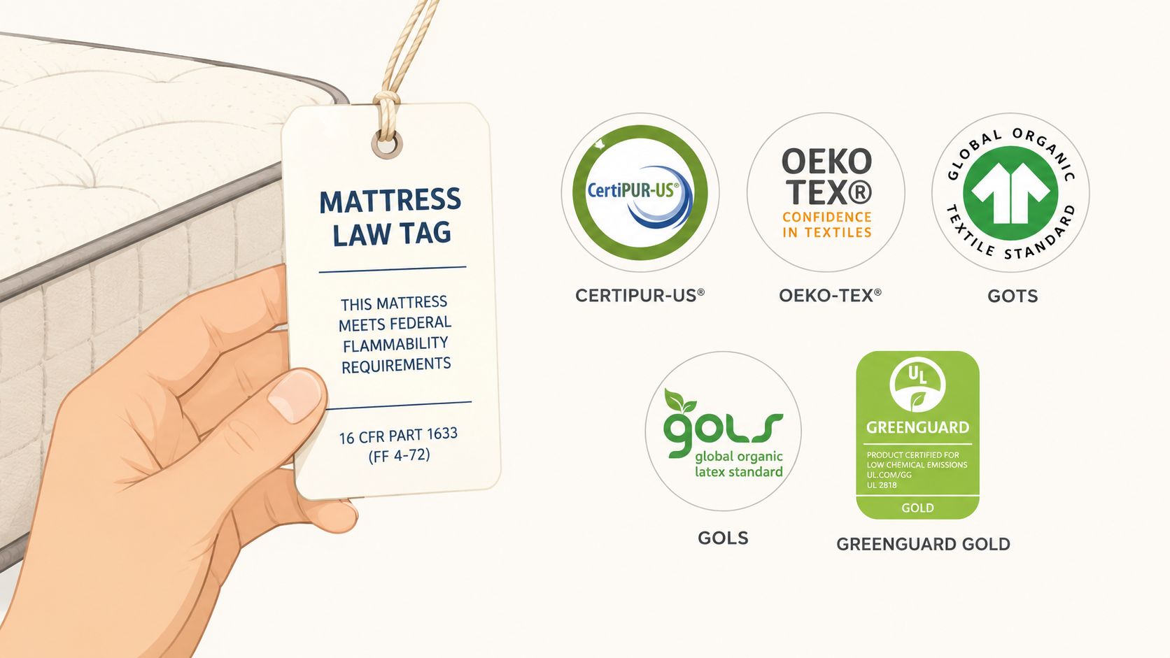 A hand holding a mattress law tag alongside various sustainability and safety certification logos for the mattress.