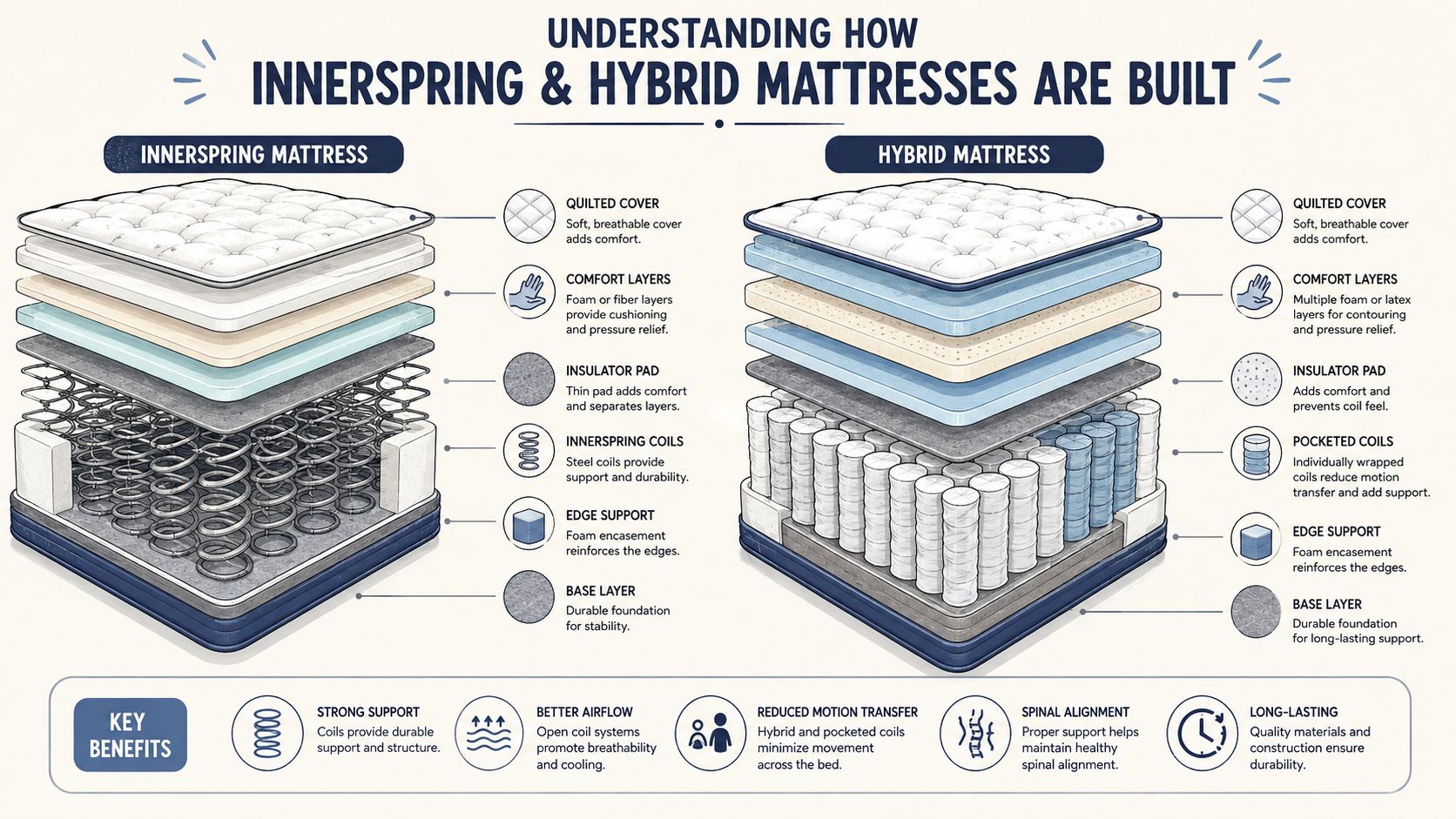 A comparison infographic detailing the structural layers of innerspring and hybrid mattresses with key benefit highlights.