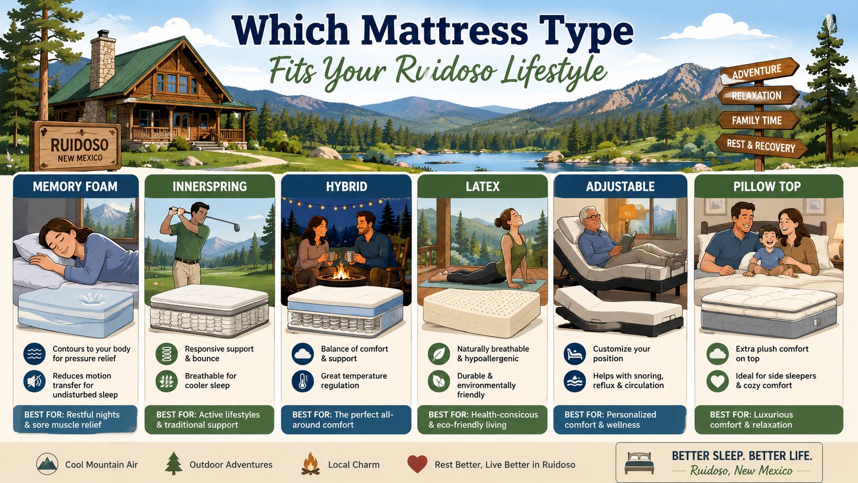 An infographic comparing different mattress types including memory foam, innerspring, hybrid, latex, adjustable, and pillow top options.