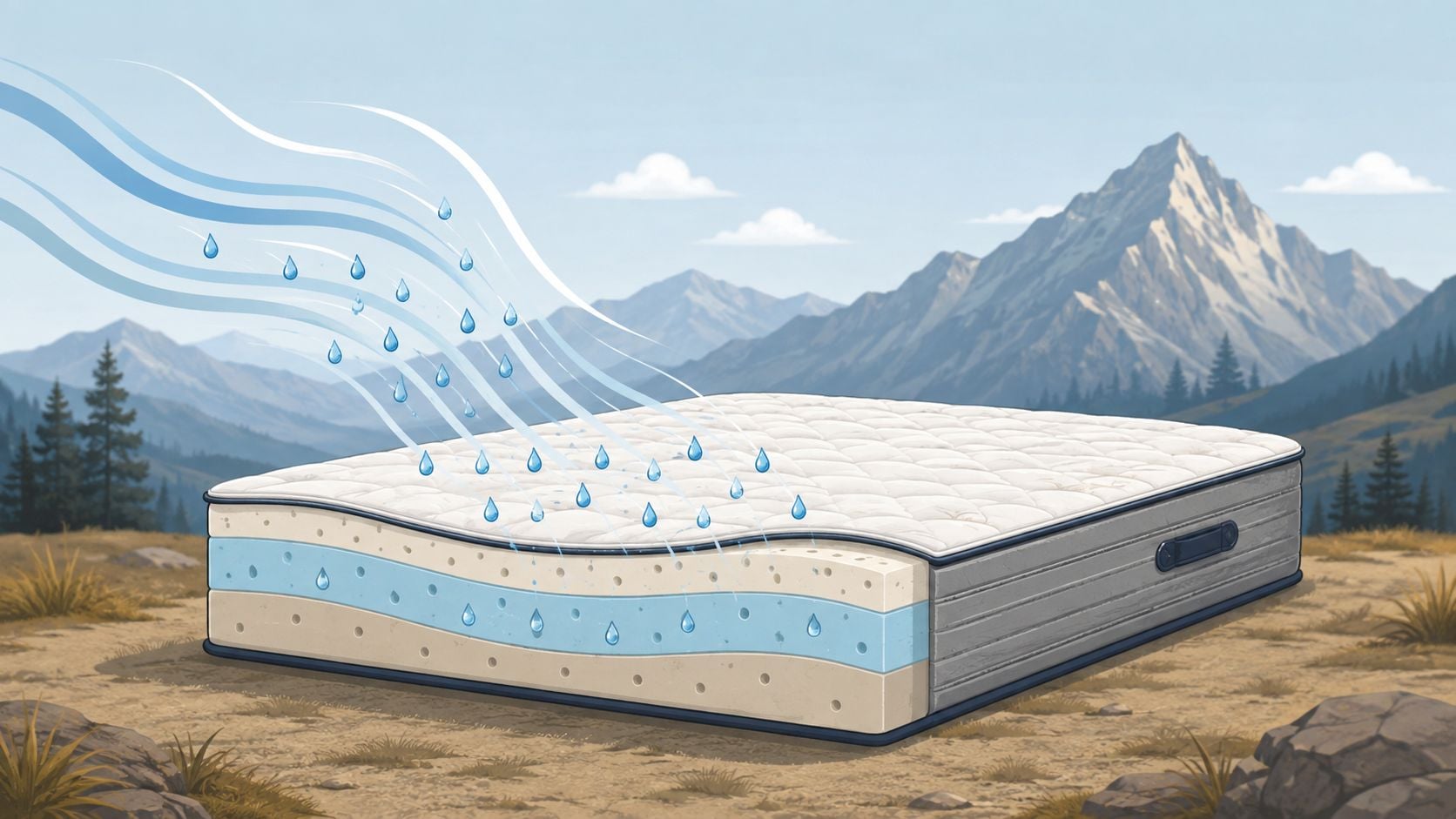 A cross-section illustration of a mattress with cooling properties against a backdrop of mountains and mist.