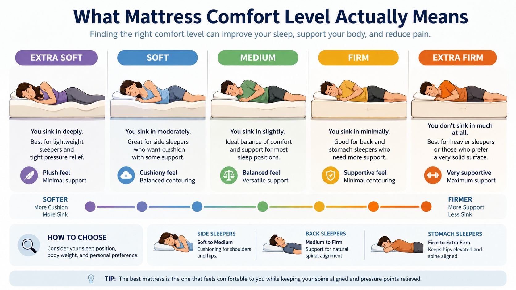 An infographic illustrating five mattress comfort levels, from extra soft to extra firm, for different sleep positions.