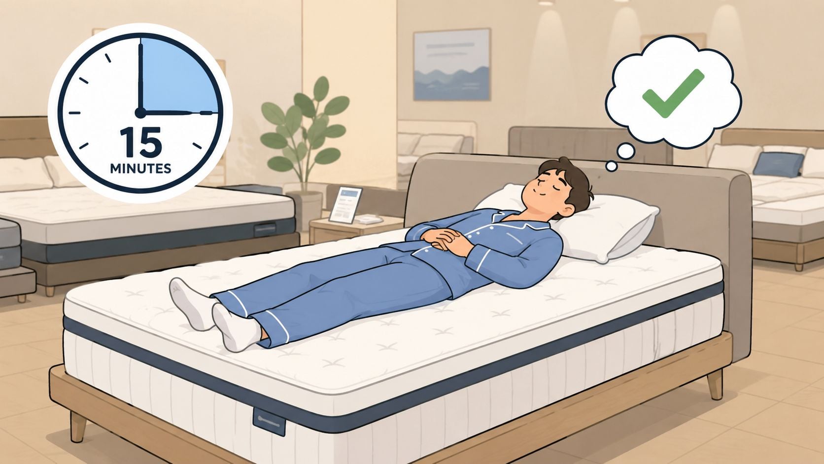A man in pajamas testing a mattress in a furniture store for 15 minutes to ensure comfort.