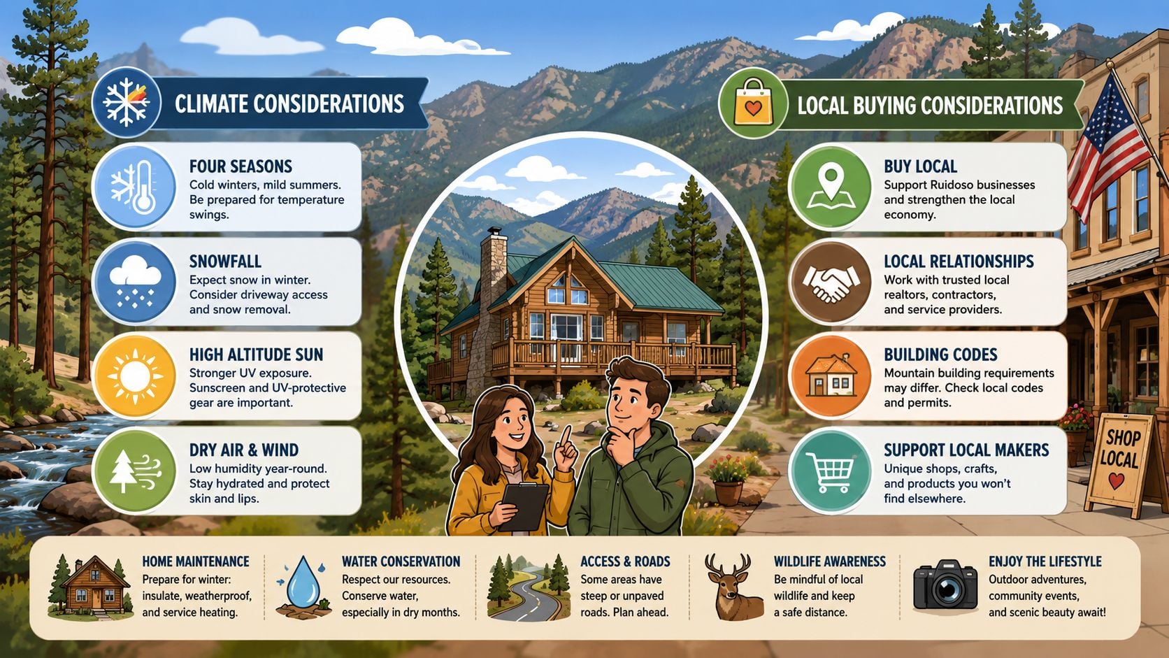 An infographic illustrating essential climate and local buying considerations for potential homeowners moving to Ruidoso mountains.