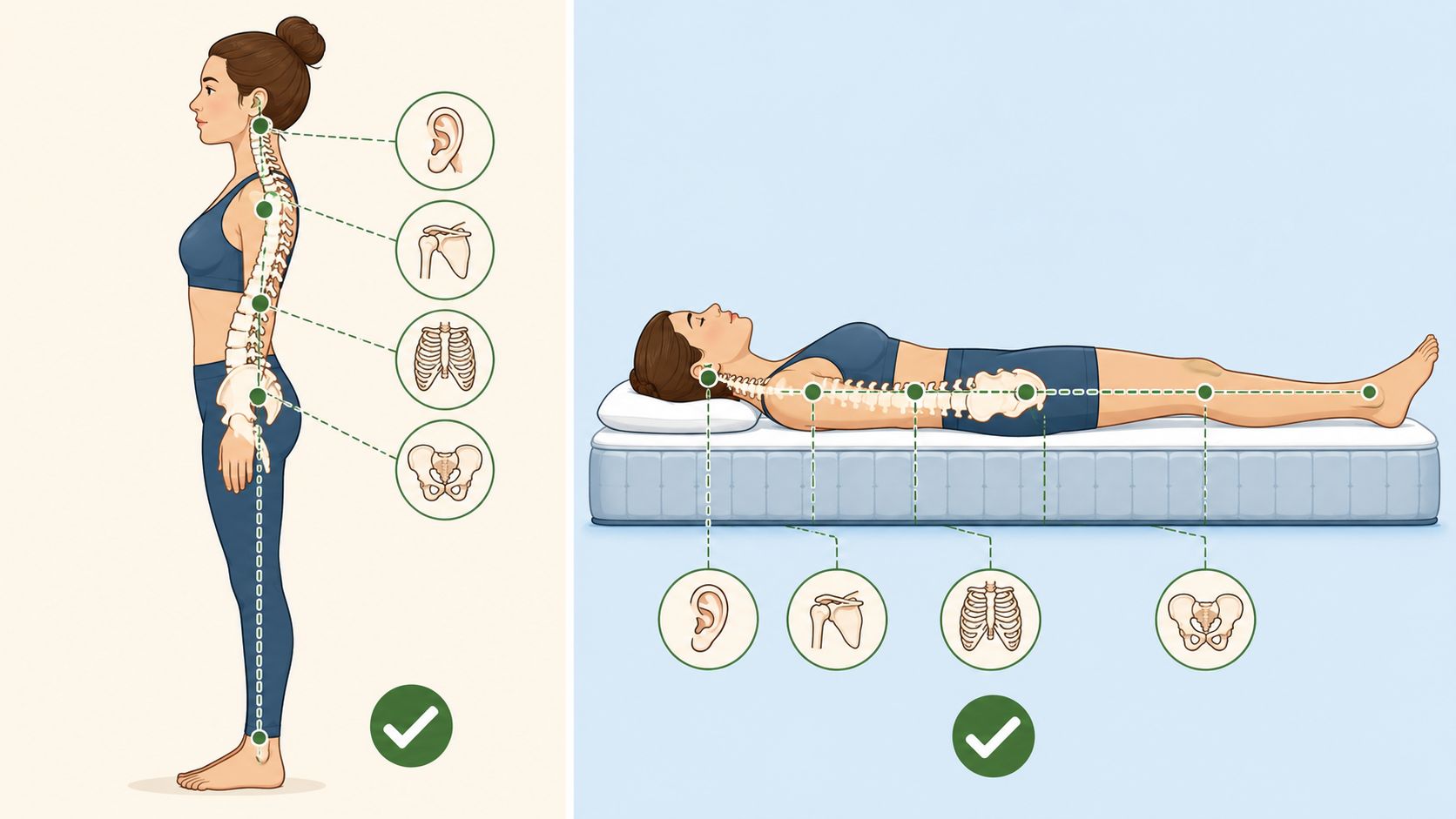 A diagram illustrating ideal body alignment for a person standing and sleeping on a mattress.