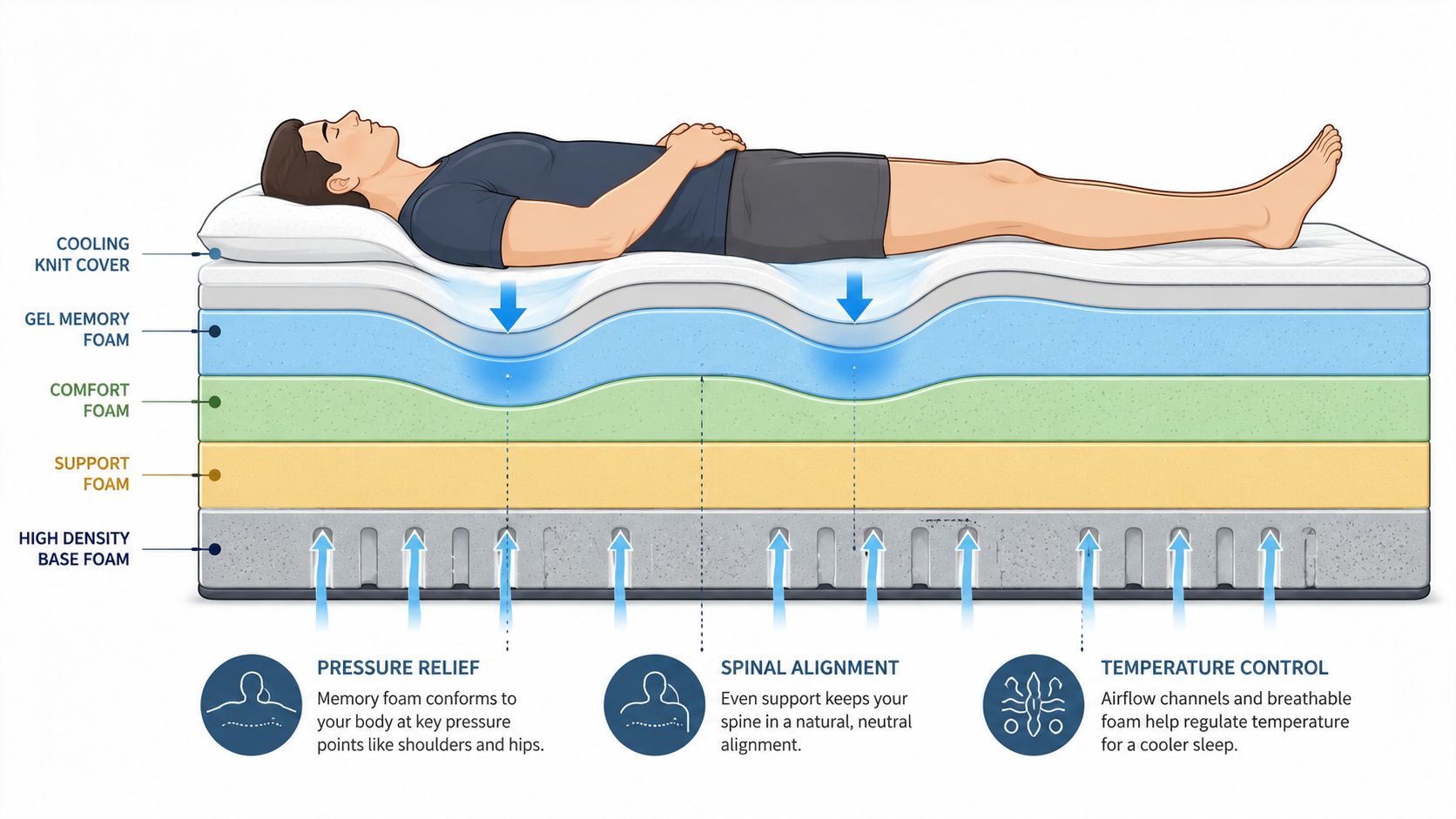 A cross-section diagram of a multi-layer mattress demonstrating pressure relief, spinal alignment, and cooling temperature control features.