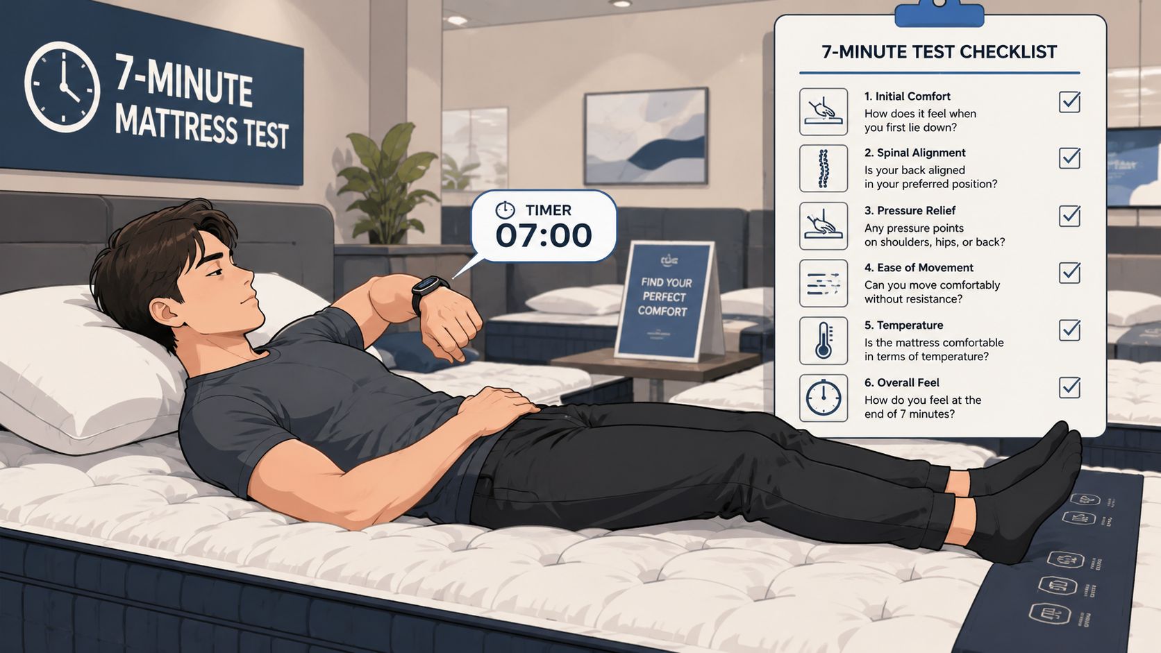 A man lying on a mattress testing it out as part of a seven minute comfort evaluation checklist.