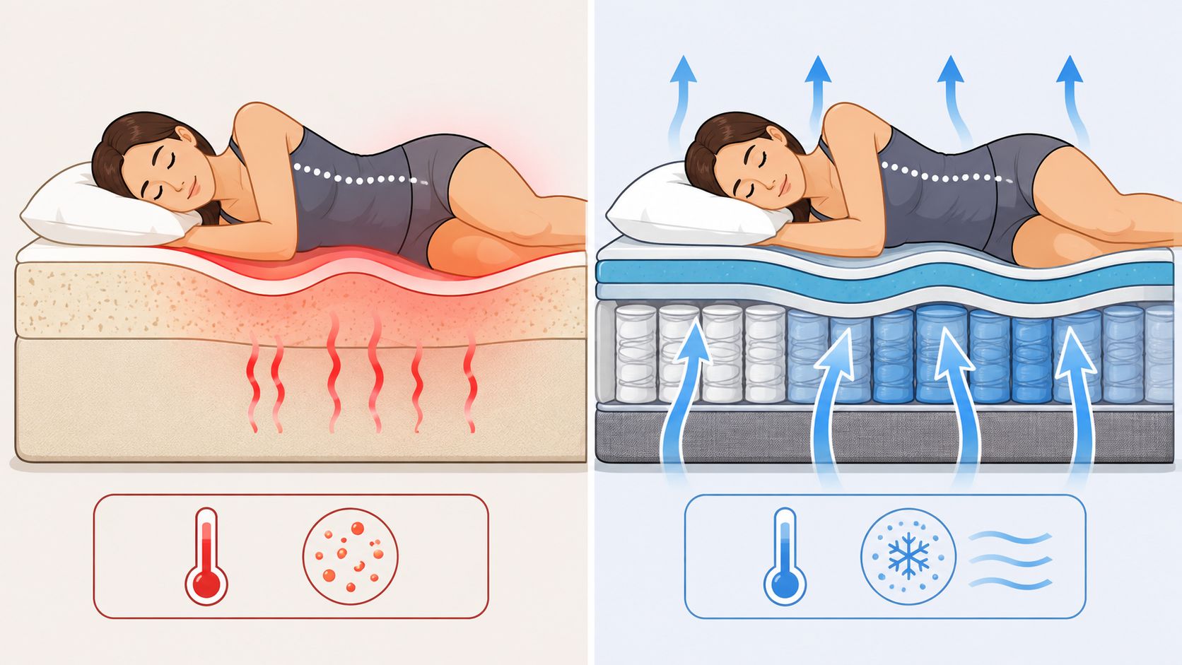 A side-by-side comparison showing a person sleeping on a hot foam mattress versus a cool hybrid mattress.