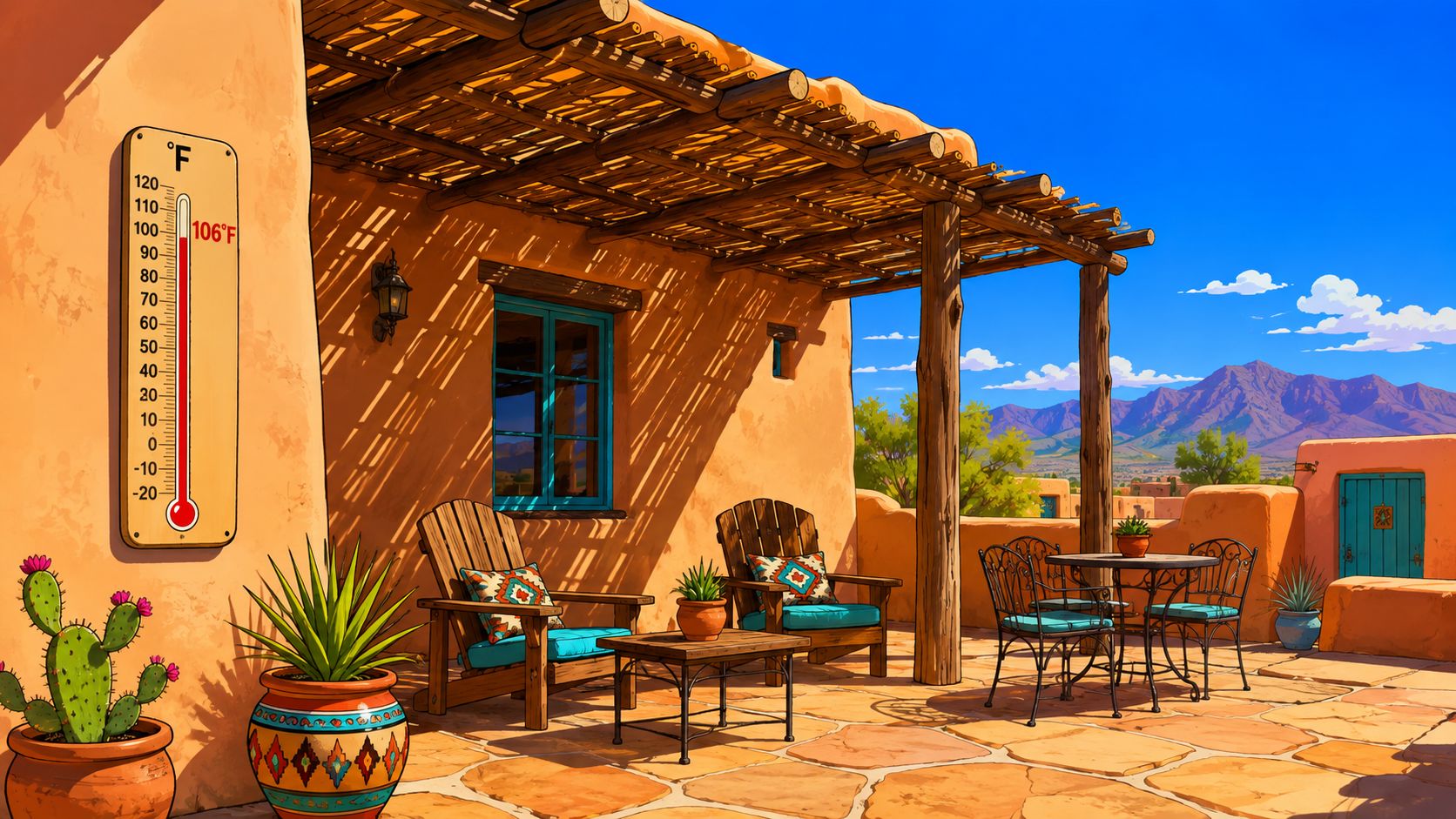 A cozy desert patio in Santa Fe with rustic wooden furniture, potted plants, and a thermometer.