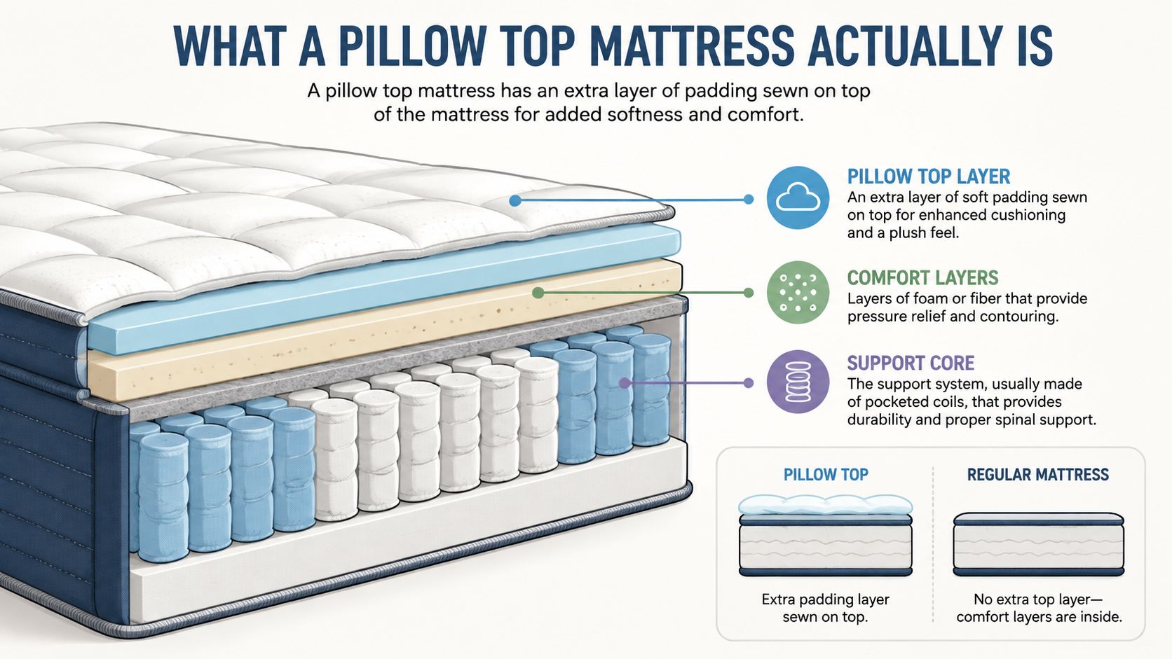 A diagram illustrating the layered structure of a pillow top mattress with labels for its components.