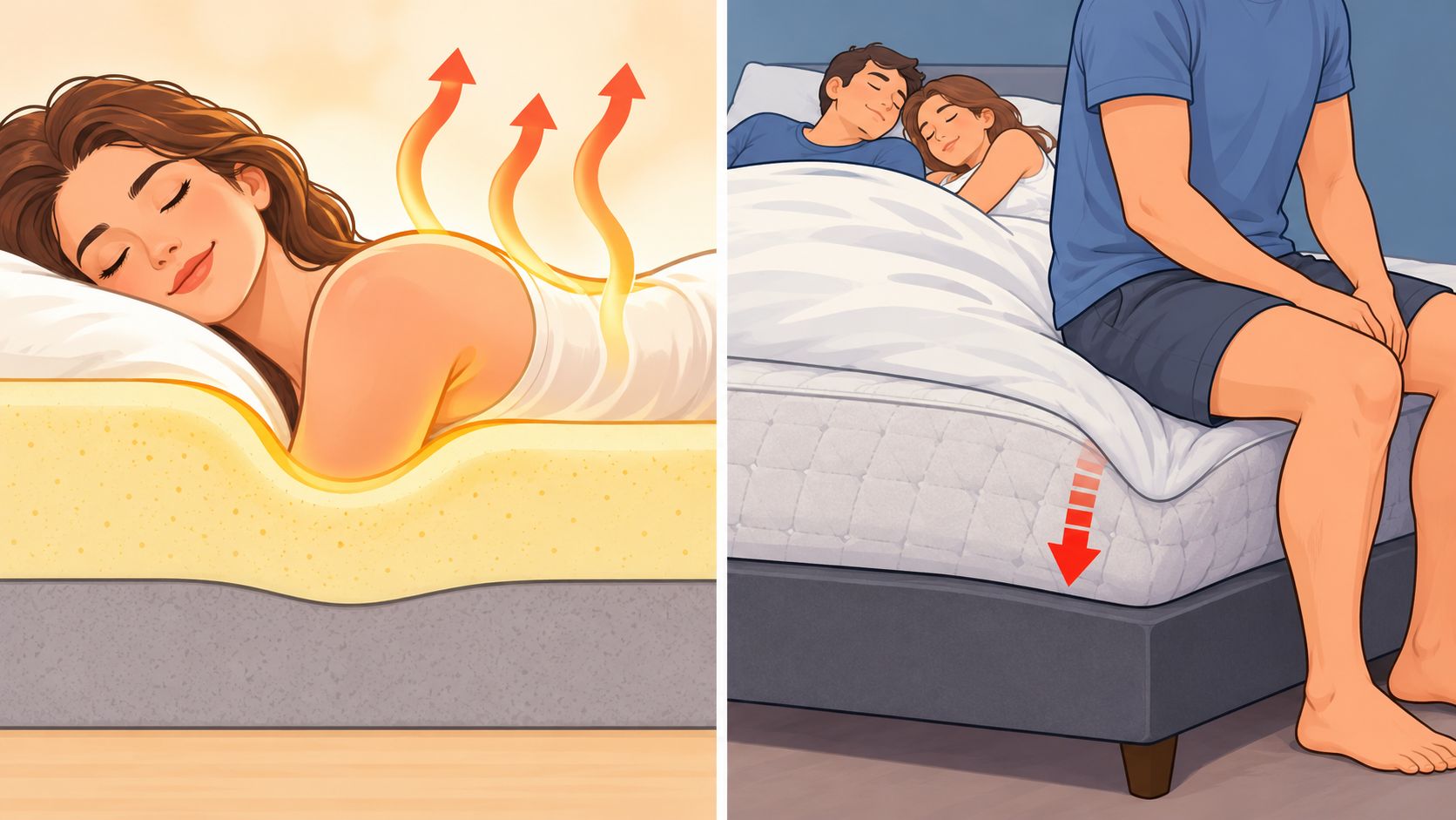 A split illustration showing a memory foam mattress providing heat-sensitive support and motion isolation for couples.