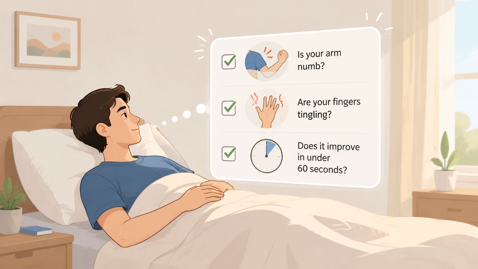 A man lying in bed thinking about symptoms of limb numbness and tingling to check mattress comfort.
