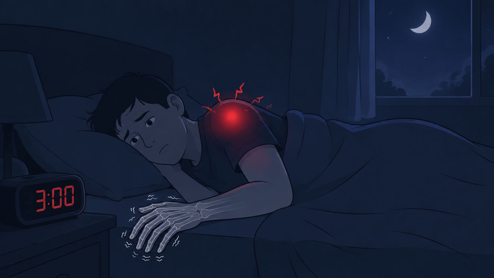 A person lying awake at 3 AM experiencing shoulder pain and hand numbness due to poor sleep posture.
