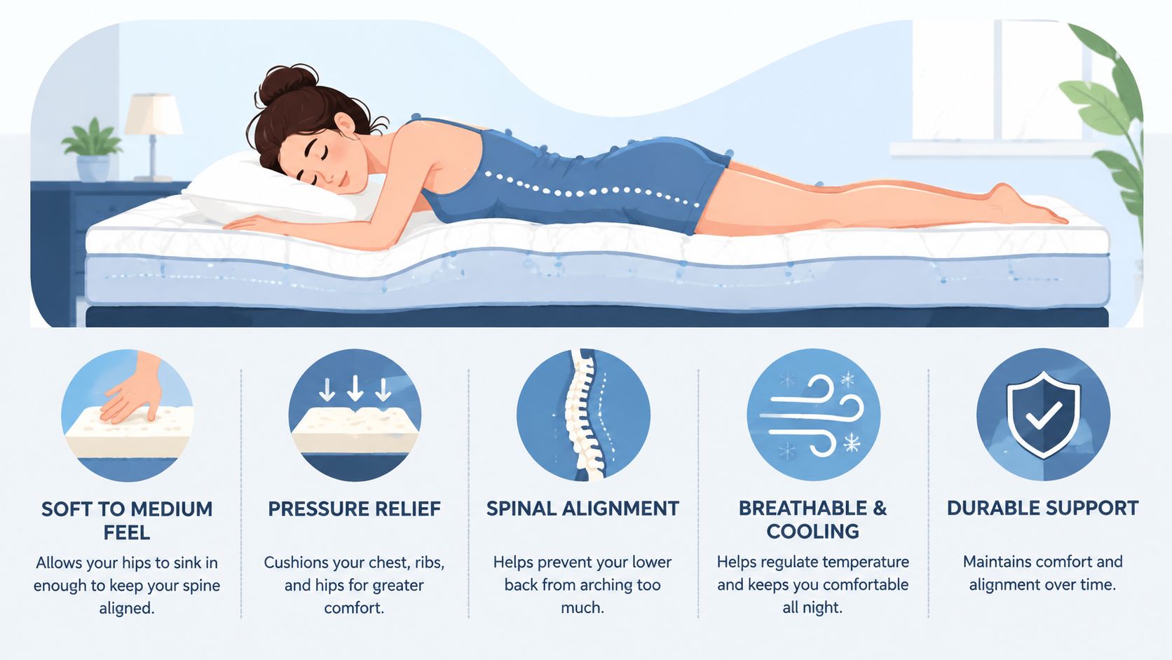 A diagram demonstrating how a mattress provides spinal alignment and comfort for a stomach sleeper.