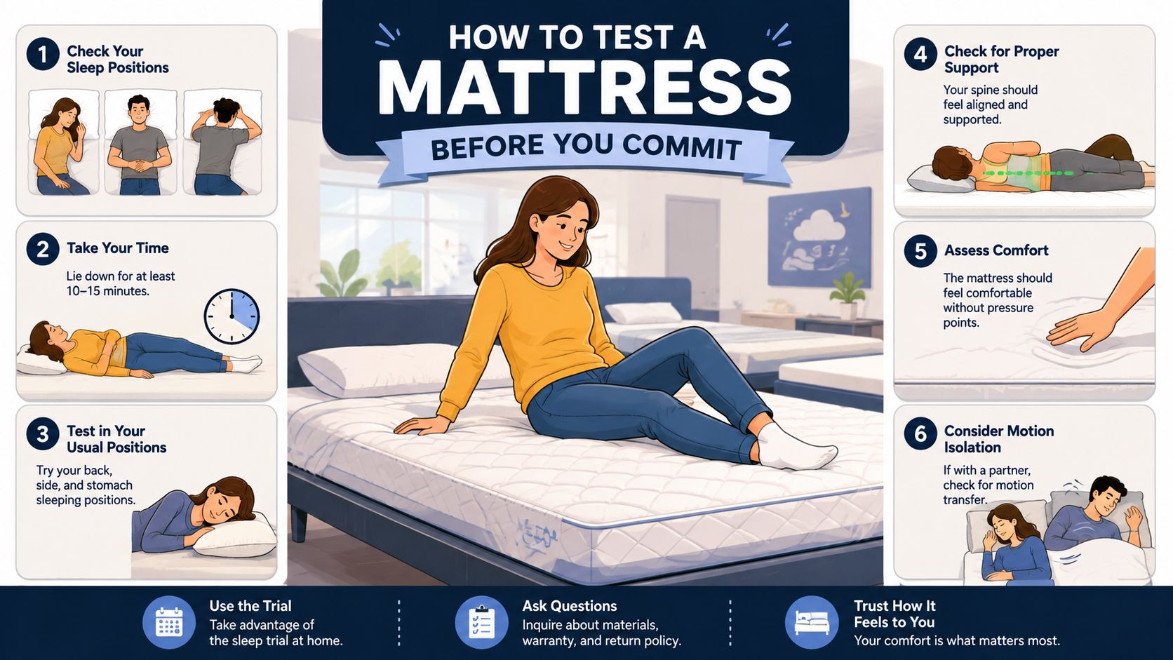 An infographic detailing six essential steps for testing a new mattress before making a purchase decision.