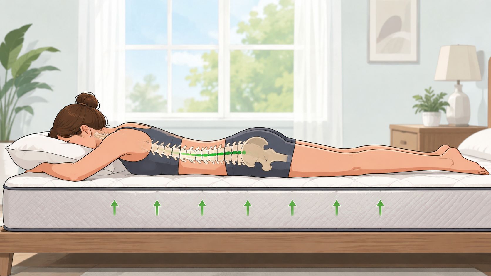A woman lying on her stomach on a supportive mattress with her spine aligned correctly.