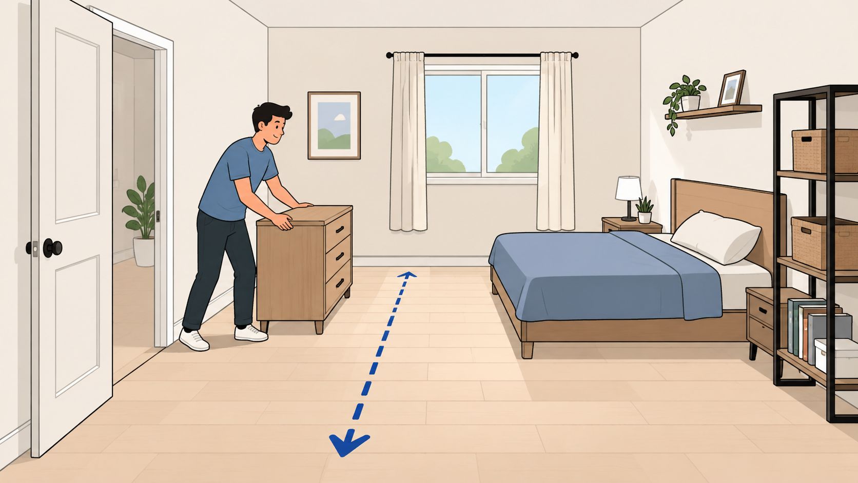 A man positioning a wooden dresser in a bedroom during a white glove delivery service process.