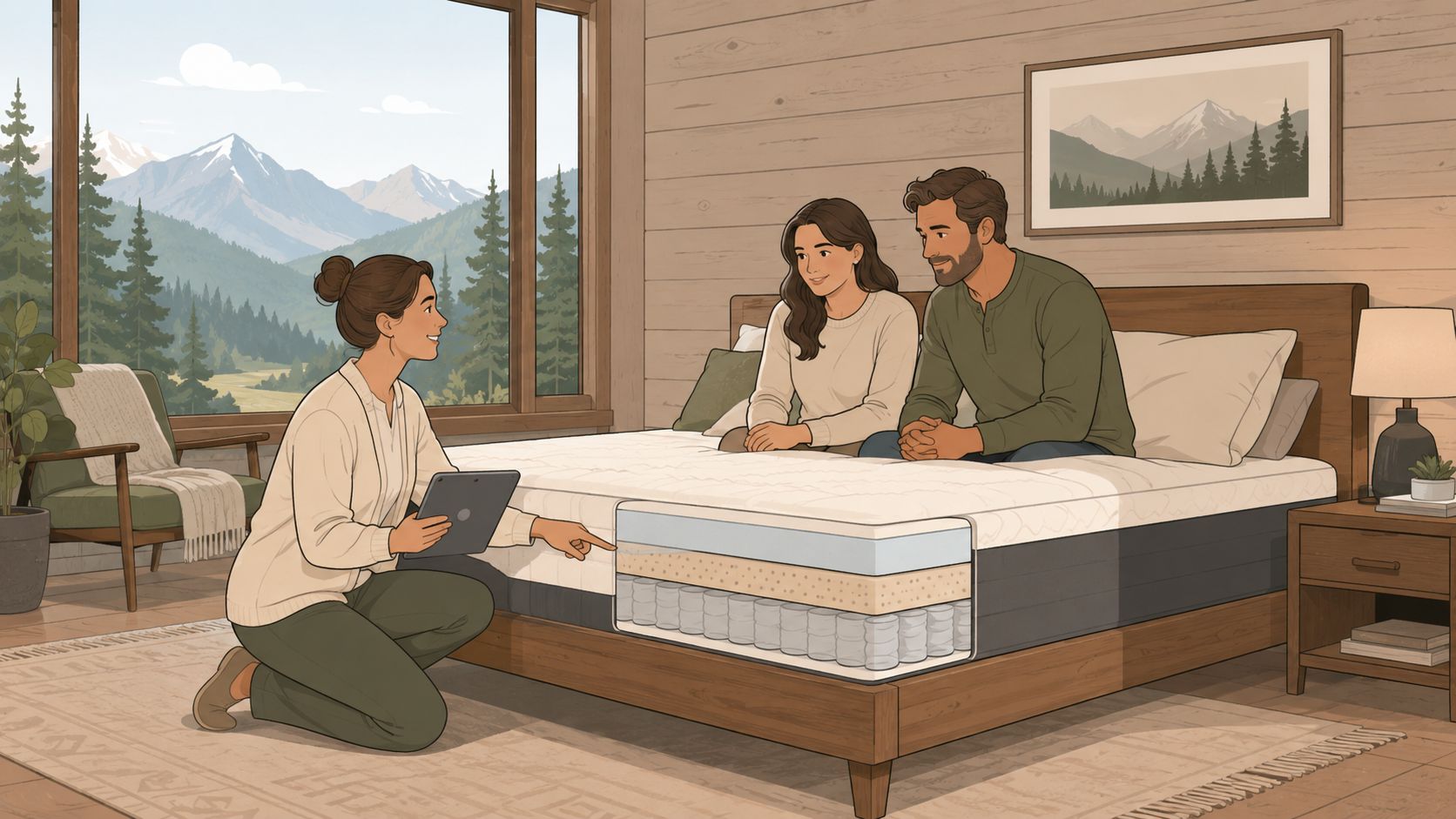 A professional furniture consultant explains mattress construction features to a couple in a mountain-themed bedroom showroom.
