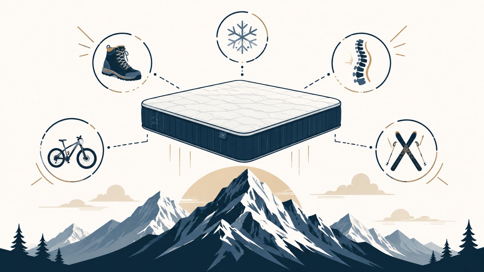 A mattress floating above mountains surrounded by icons representing outdoor activities and spinal health support.