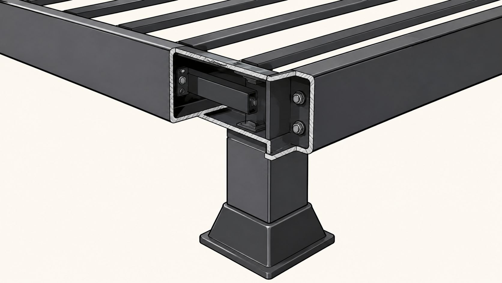 A close-up cross-section view of a heavy-duty steel bed frame joint with a supportive leg stand.