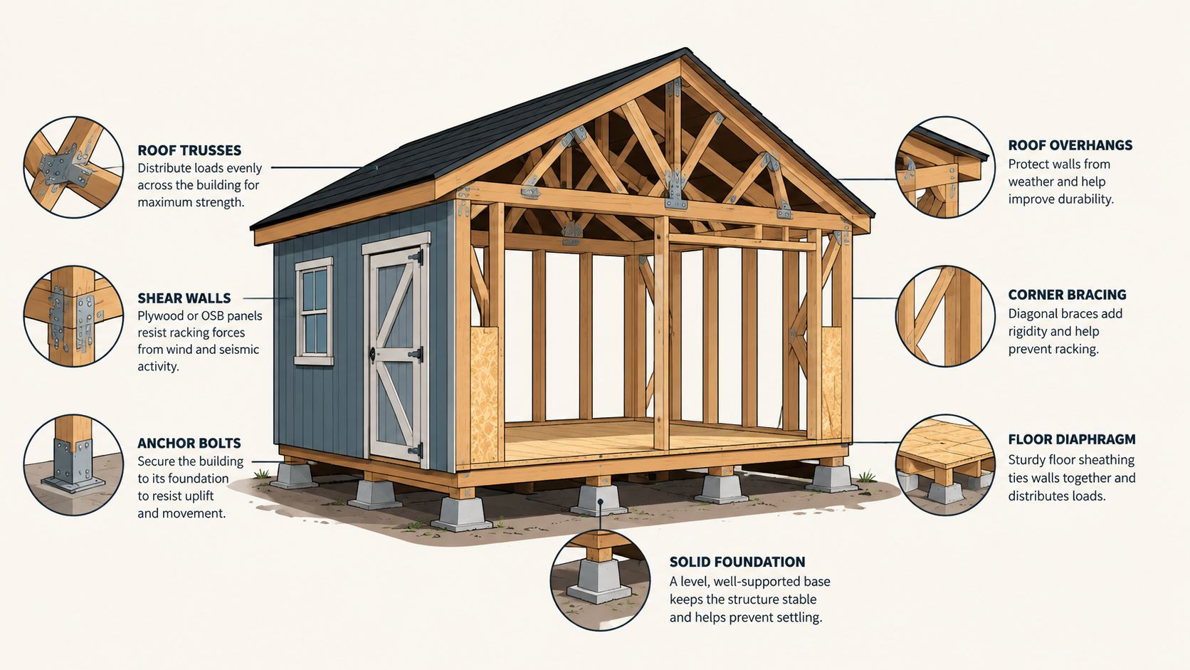 A diagram of a wooden shed frame highlighting structural components like trusses, bracing, and foundation supports.