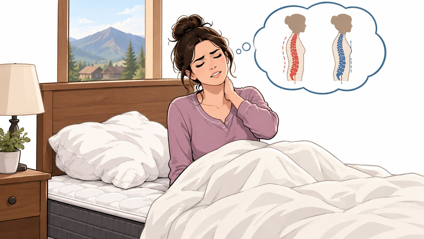 A woman waking up in bed feeling neck pain, thinking about spinal alignment and posture issues.
