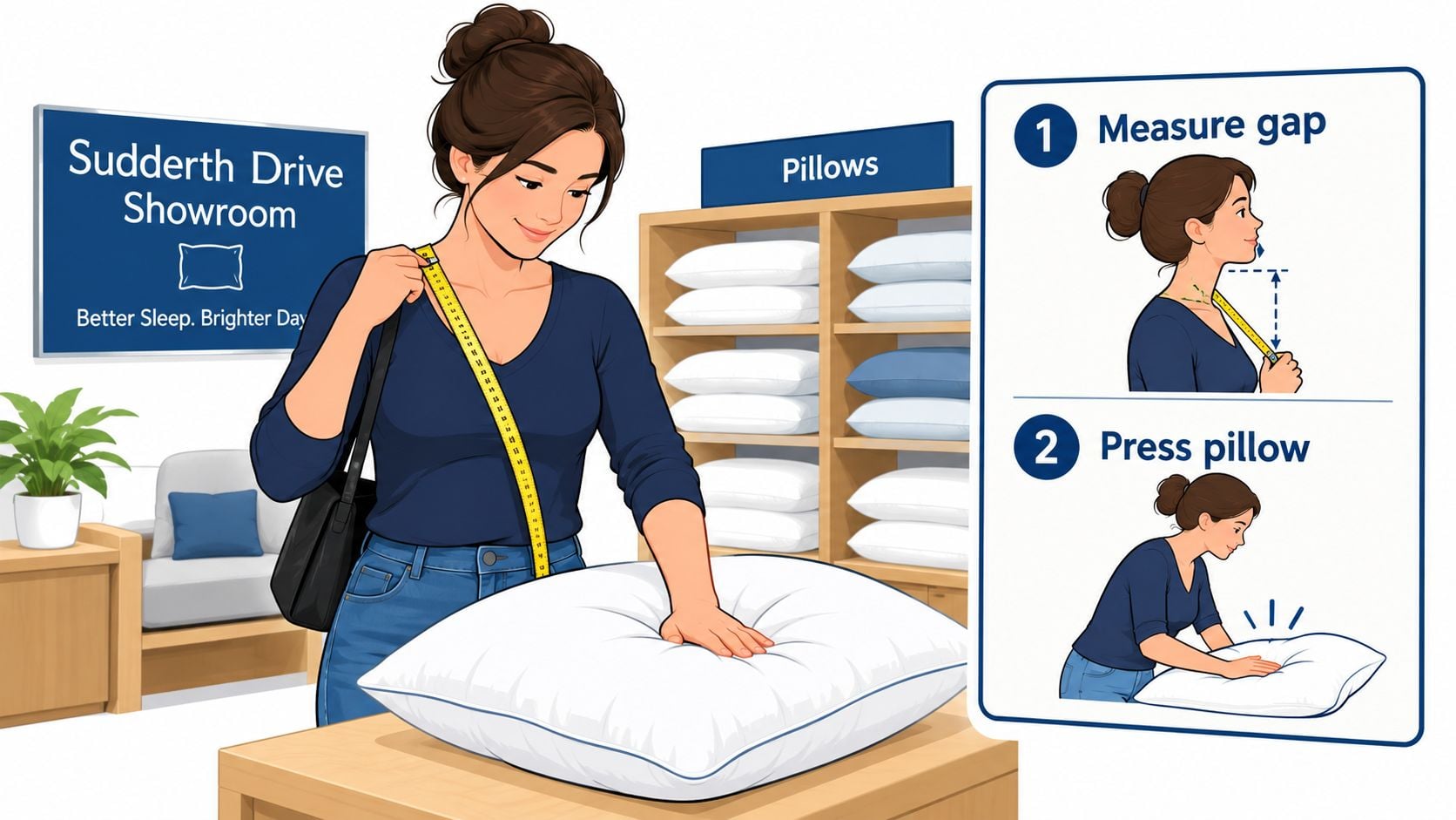 A woman at a store showroom demonstrating how to measure for the correct pillow for neck comfort.