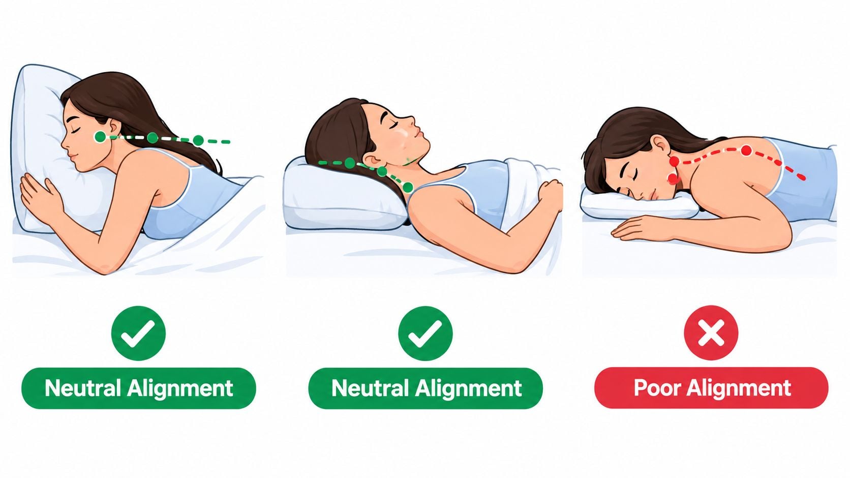 A diagram comparing proper sleeping posture with pillows for neutral alignment versus poor spinal alignment.