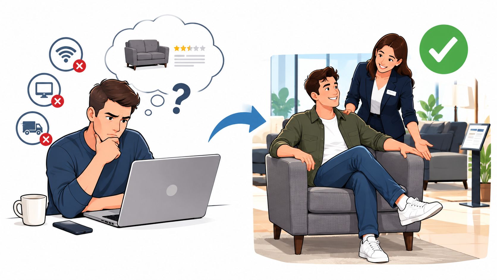 A man frustrated by online furniture shopping transitions to a positive in-store experience with a helpful sales assistant.