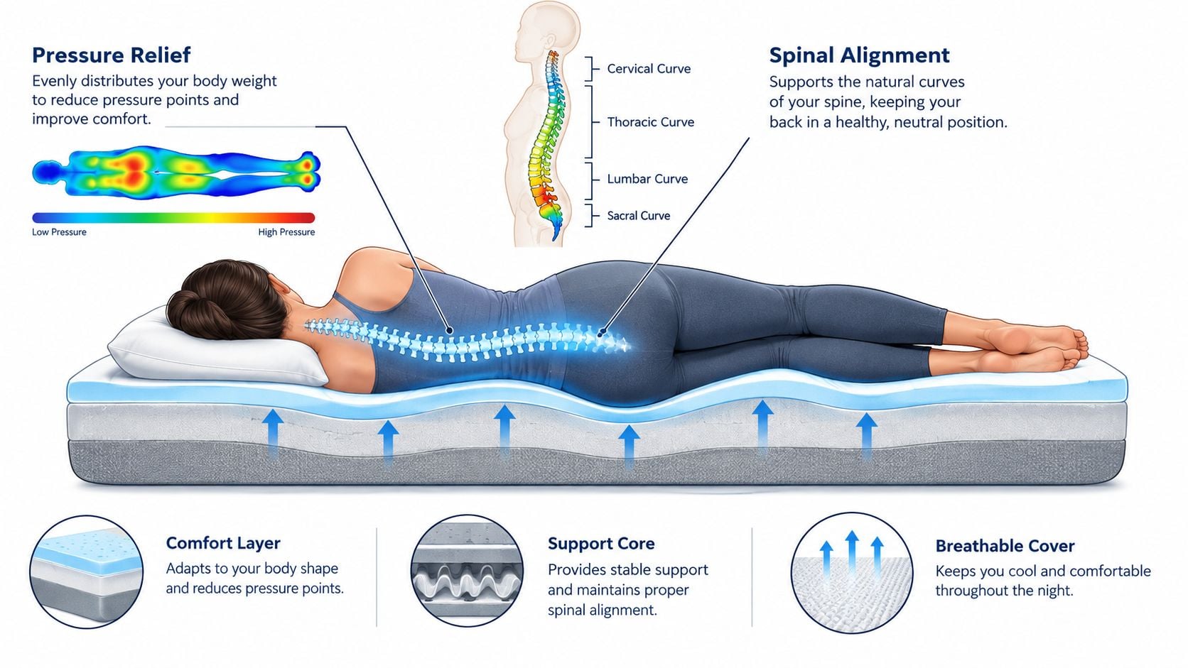 A diagram demonstrating how an innerspring mattress supports the spine and relieves pressure for side sleepers.