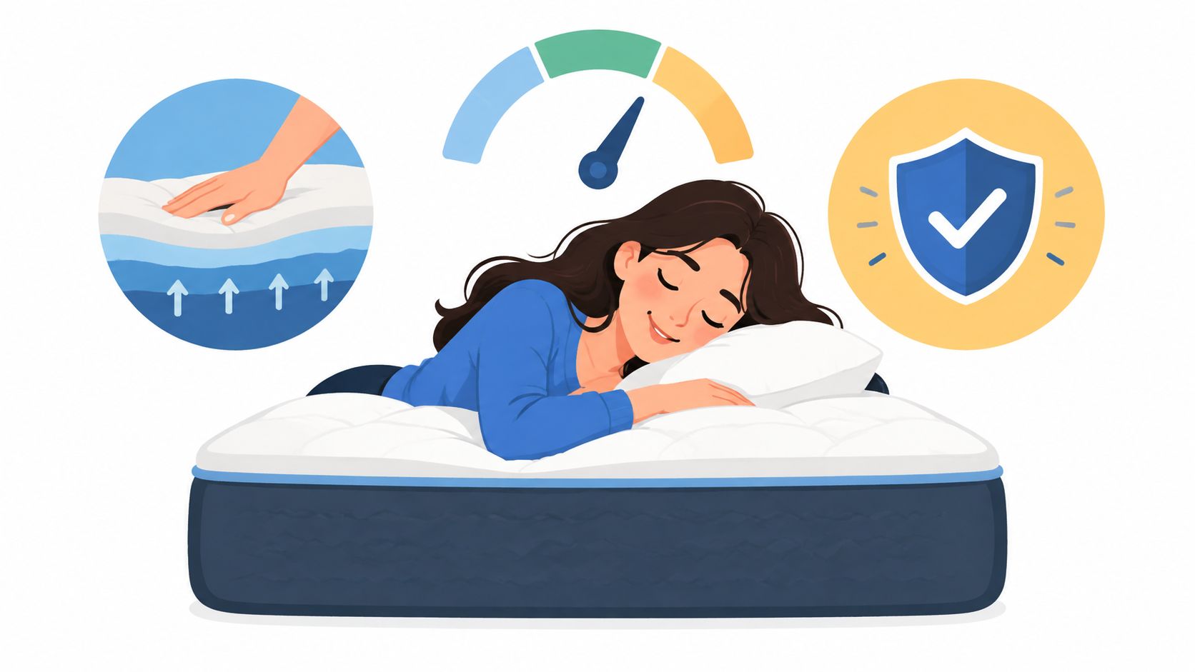 A woman sleeping comfortably on a supportive mattress with icons representing firmness levels and product protection.