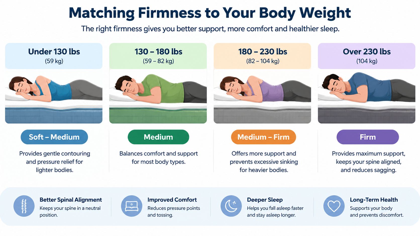 A chart showing how to match mattress firmness levels to your specific body weight for better sleep.