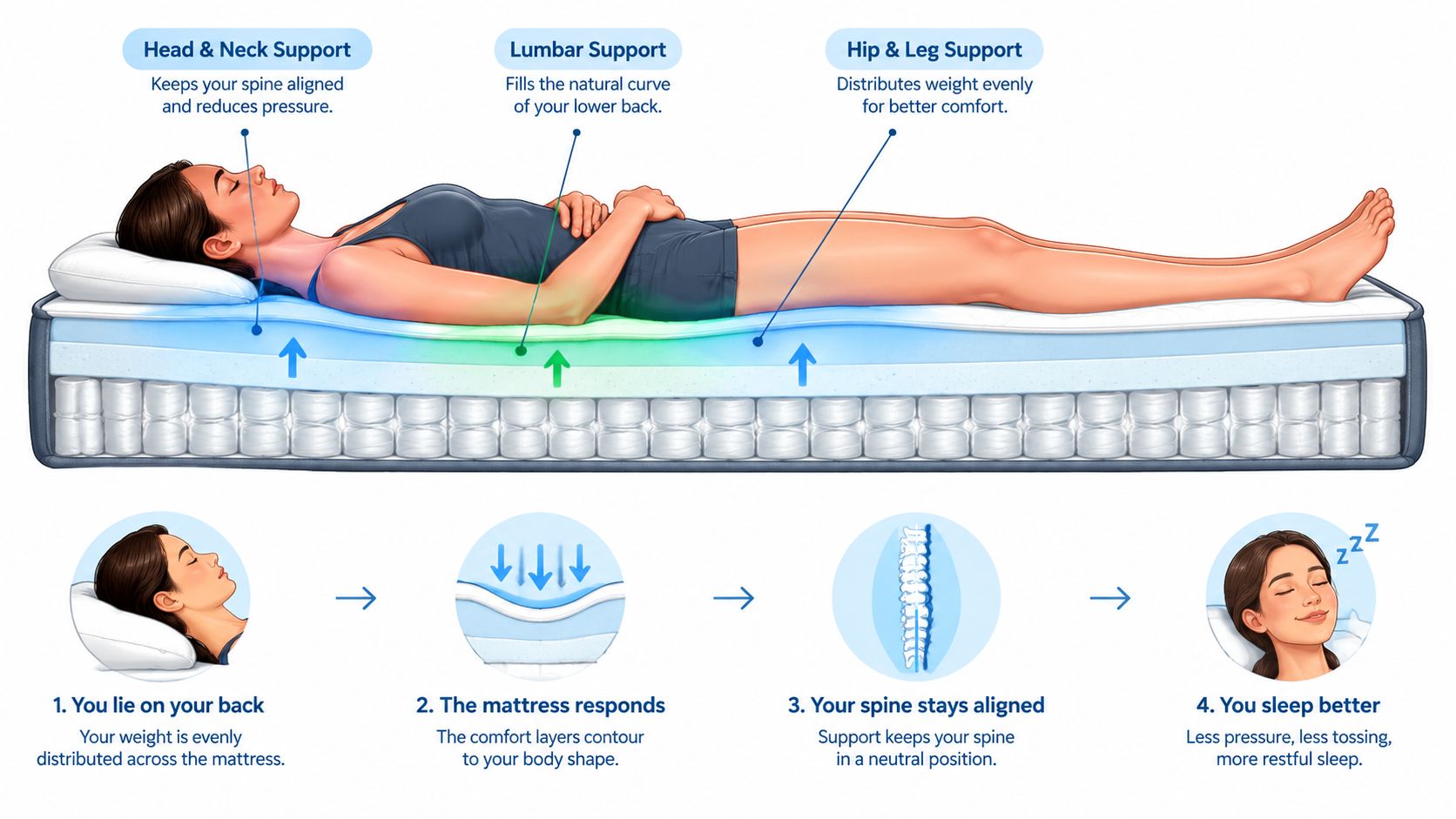 A diagram illustrating how a mattress provides targeted support to align the spine for back sleepers.