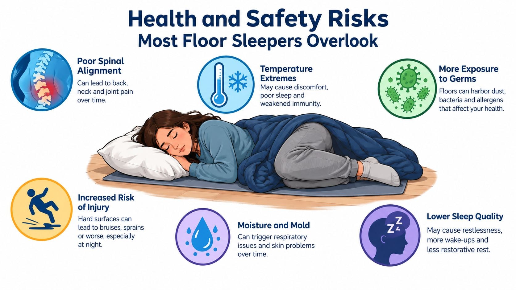 An infographic illustrating six potential health and safety risks associated with sleeping directly on the floor.