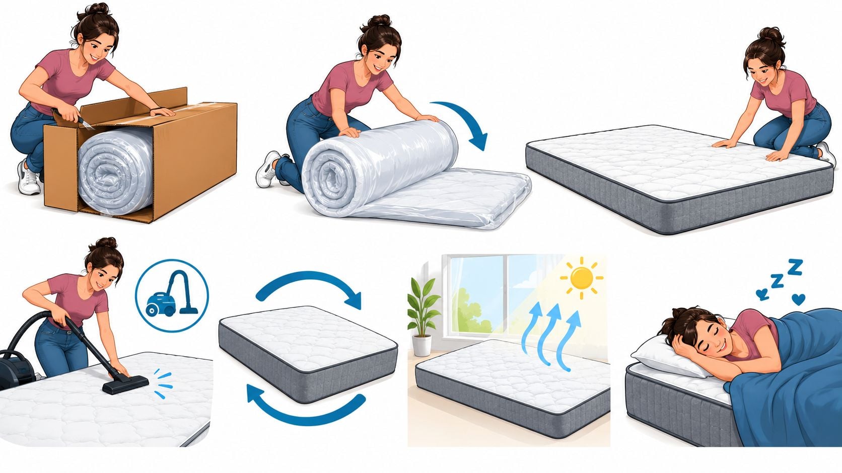 A step-by-step instructional illustration showing a woman unpacking, cleaning, and setting up a new mattress.