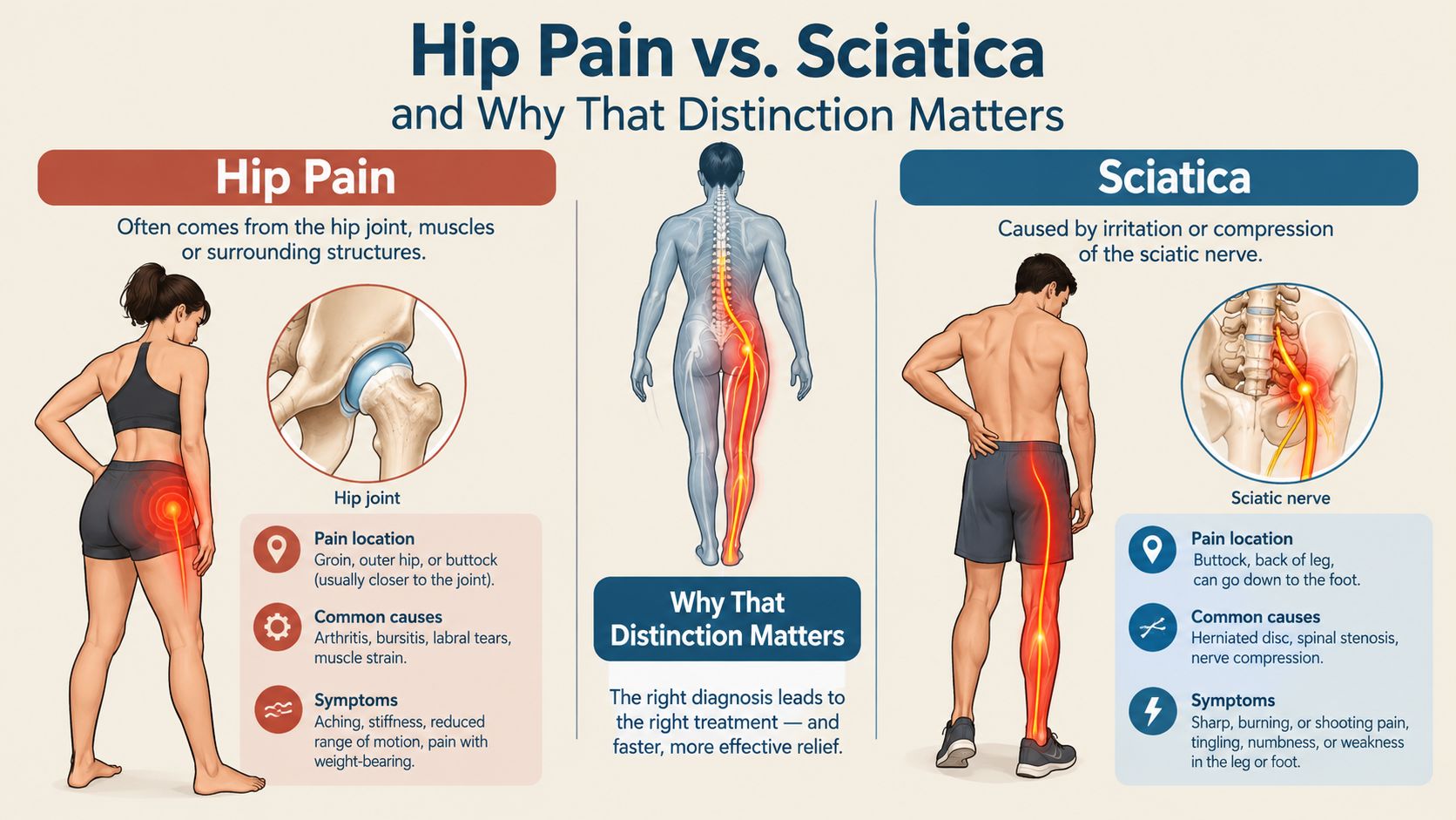 An infographic illustrating the visual differences between hip pain and sciatica with labeled symptoms and anatomical locations.