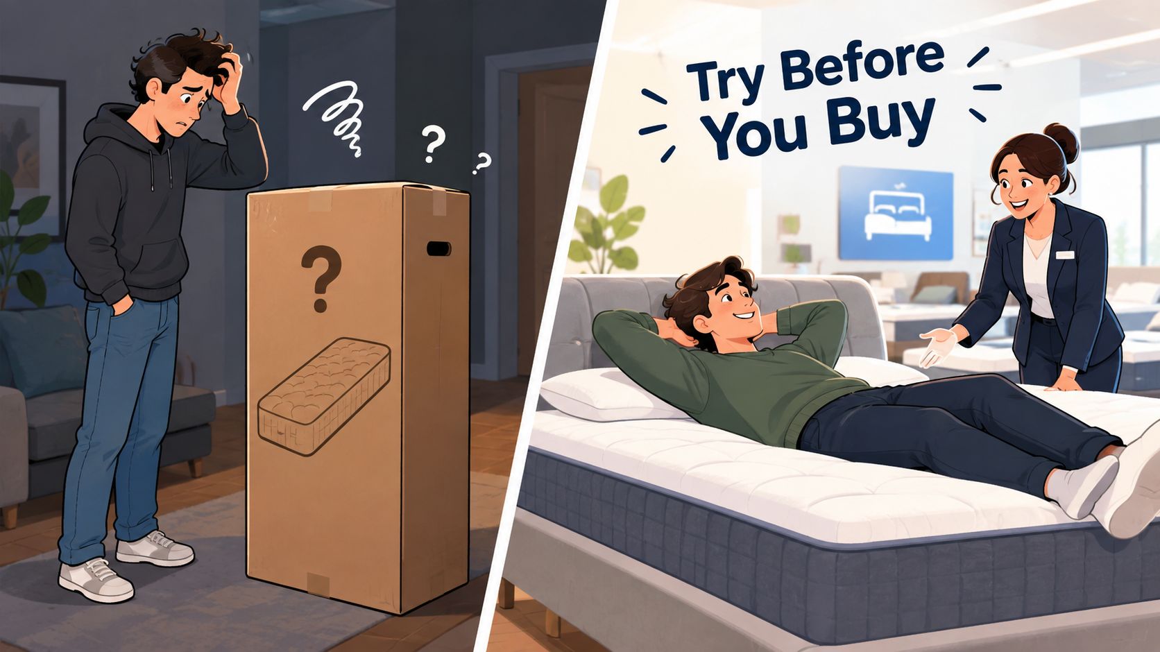 A split image showing a confused man with a boxed mattress versus a man testing a mattress.