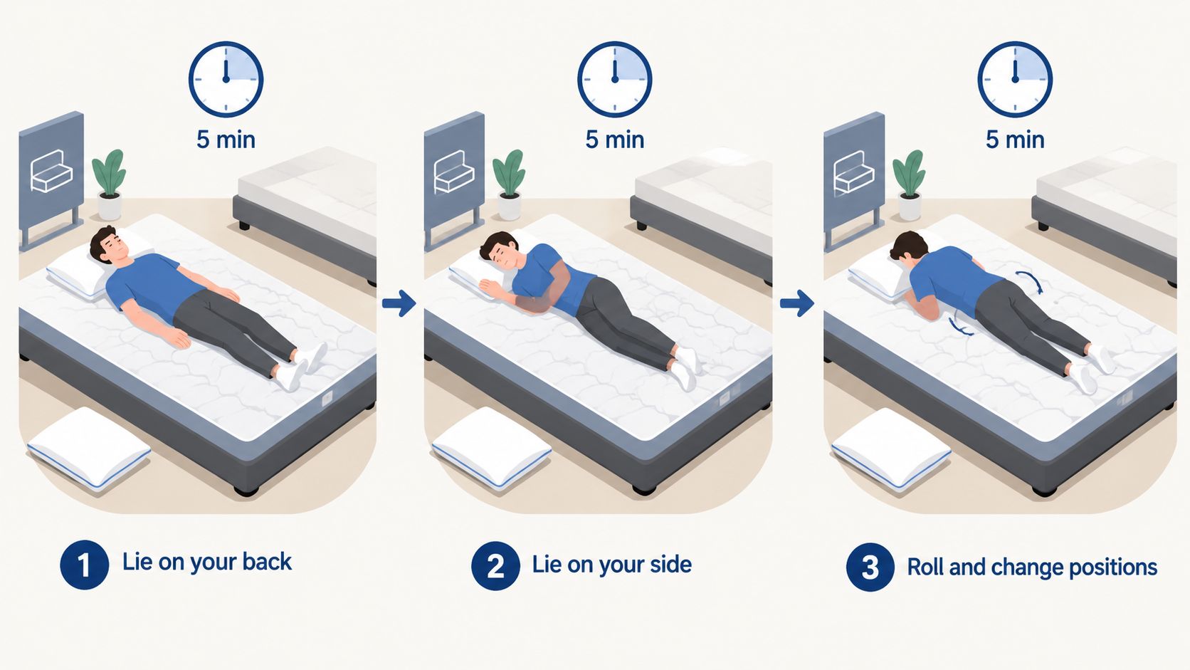 An illustration showing three steps for testing a mattress, each with a person in different sleeping positions.