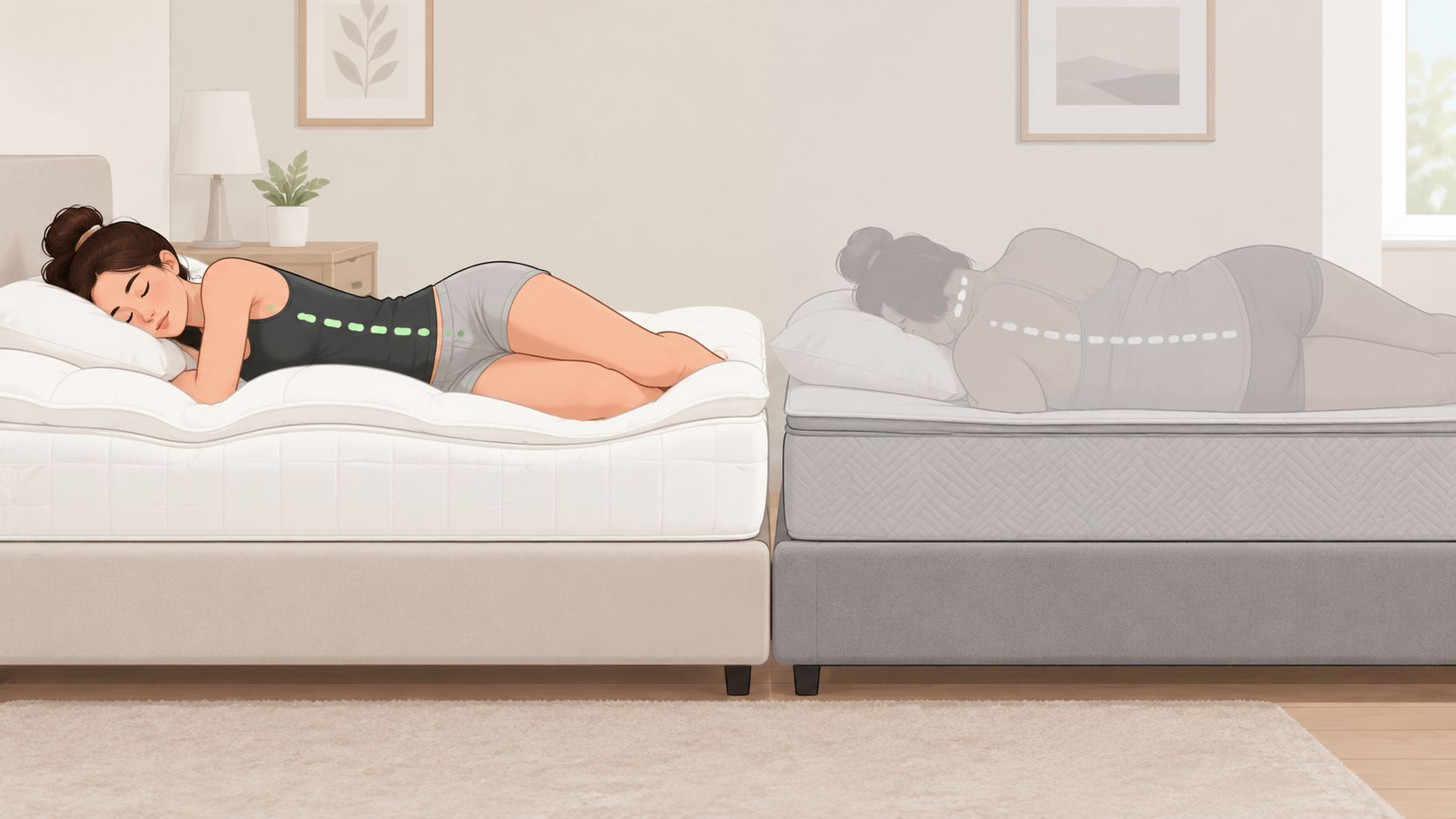 A split illustration comparing healthy spinal alignment on a comfortable mattress versus poor alignment on a firm mattress.
