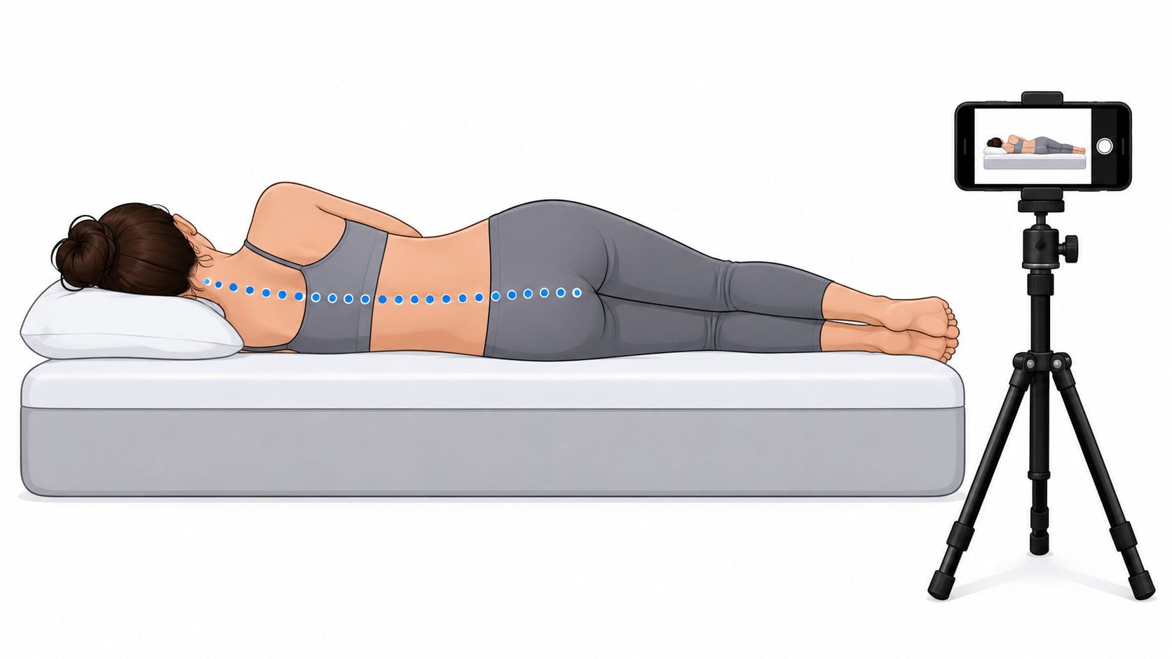 A woman lying on her side on a mattress, demonstrating proper spinal alignment for mattress testing.