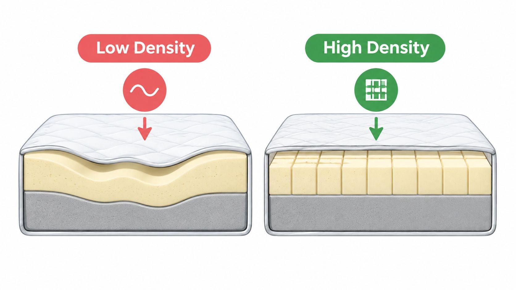 A comparison showing the difference between low density and high density memory foam mattress internal structures.