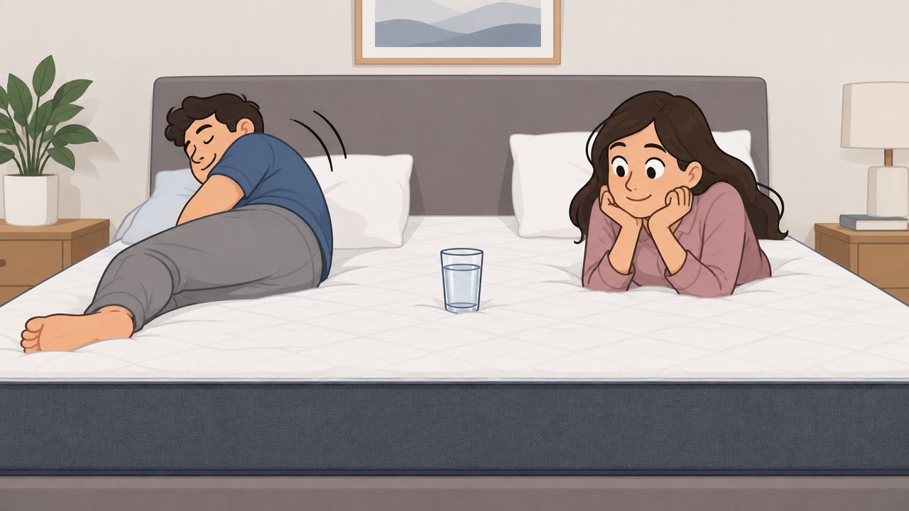 A woman looks at a glass of water on a stable mattress while a man moves beside her.