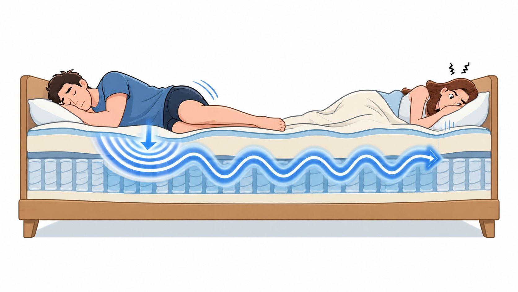 A cross-section illustration of a mattress showing motion transfer causing a sleeping partner to feel movement.