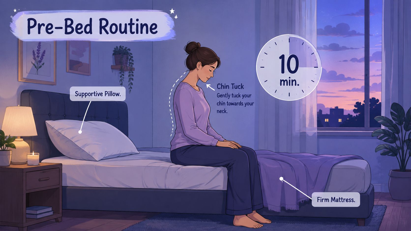 A woman performing a chin tuck exercise on a bed as part of a pre-sleep routine.