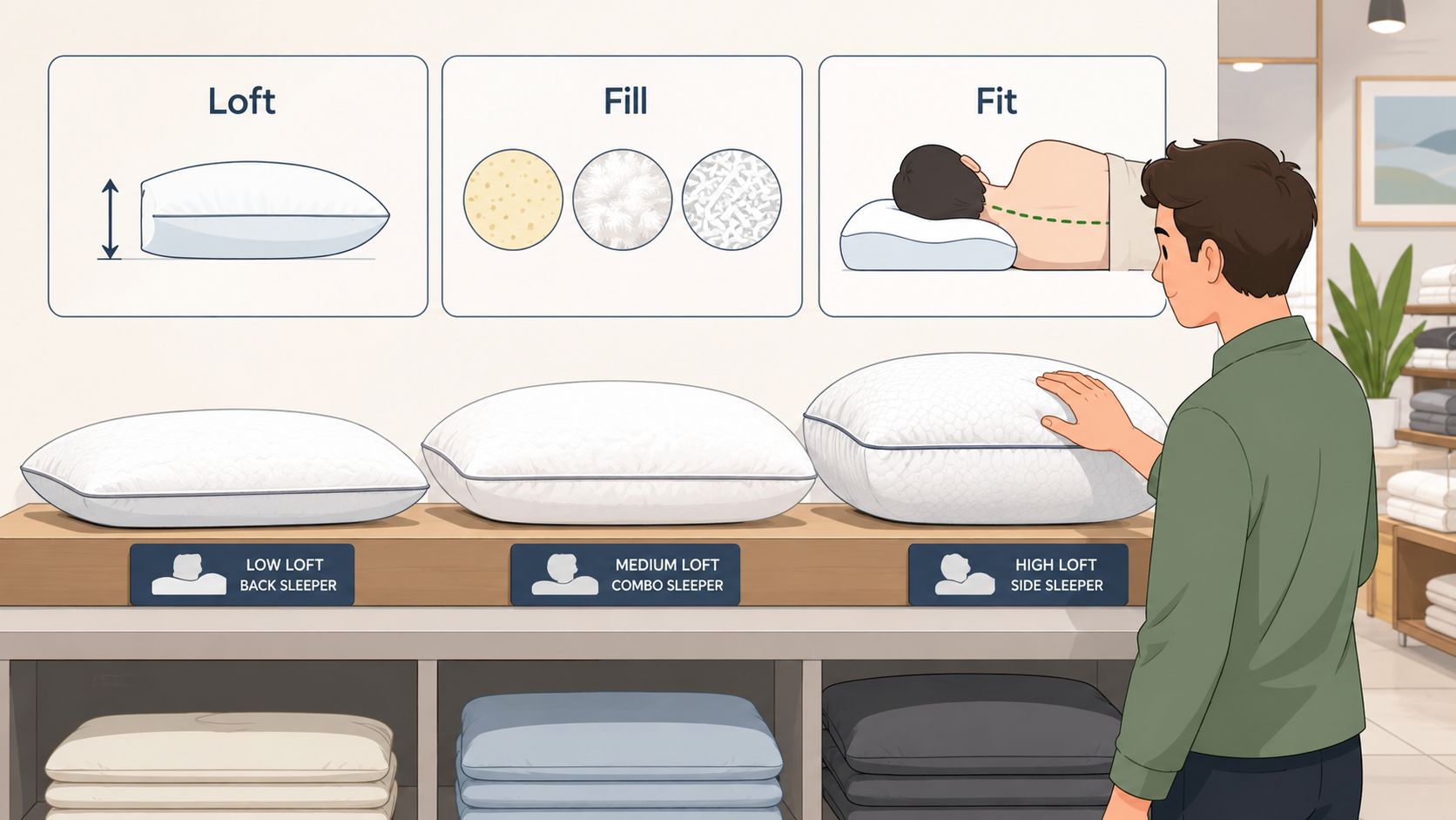 A man in a store examines pillows labeled by loft height, fill material, and sleep position suitability.